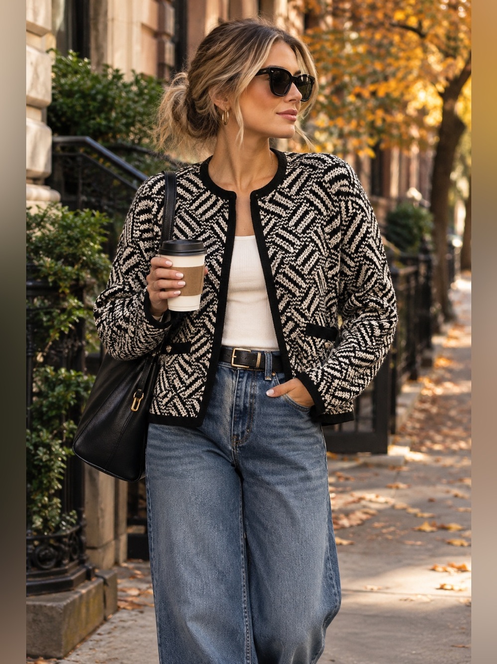 Vintage 90’s Tally Ho Black and White Geometric Knit Cardigan